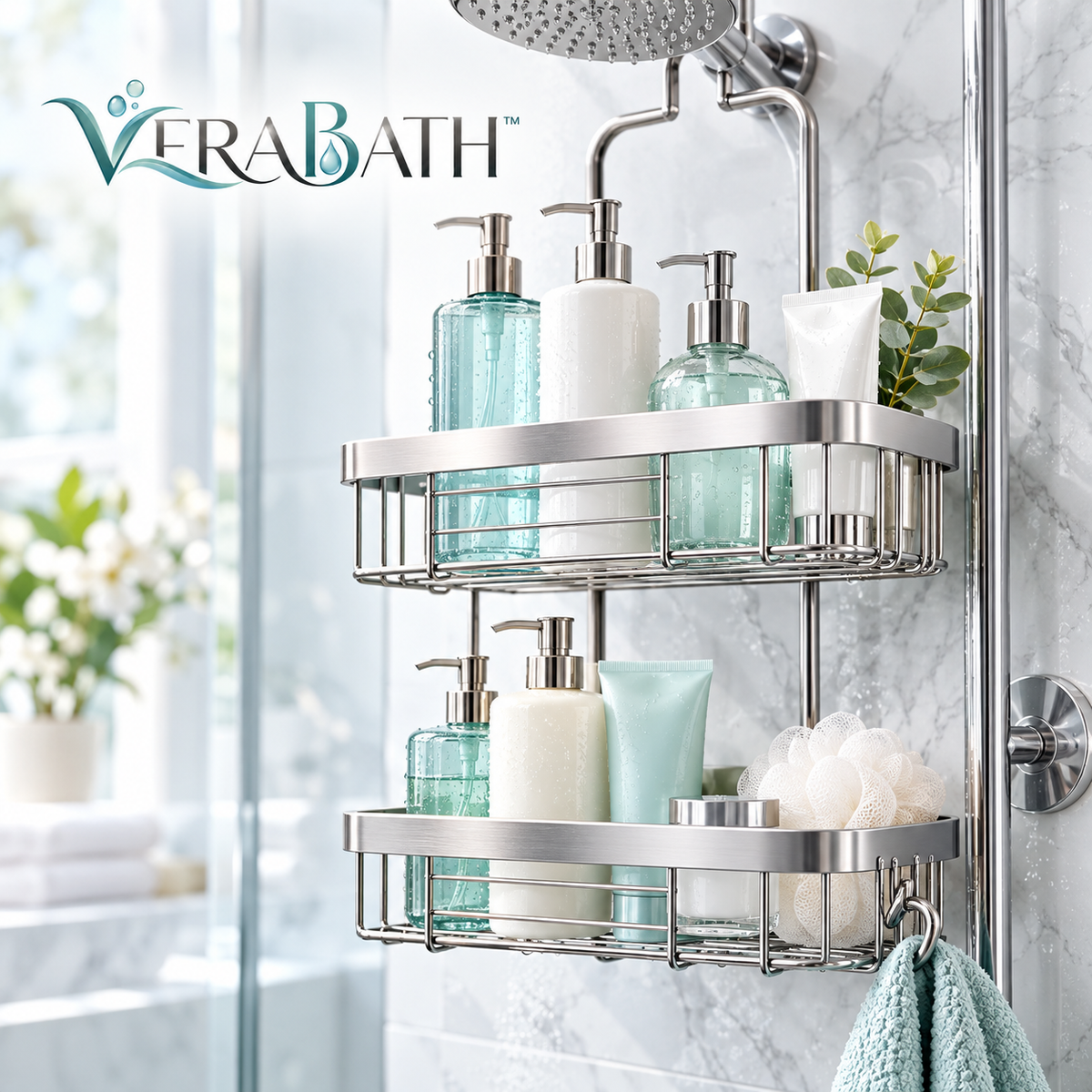 verabath™ Shower Caddy Organizer with Modern Bathroom Storage & Space Organization