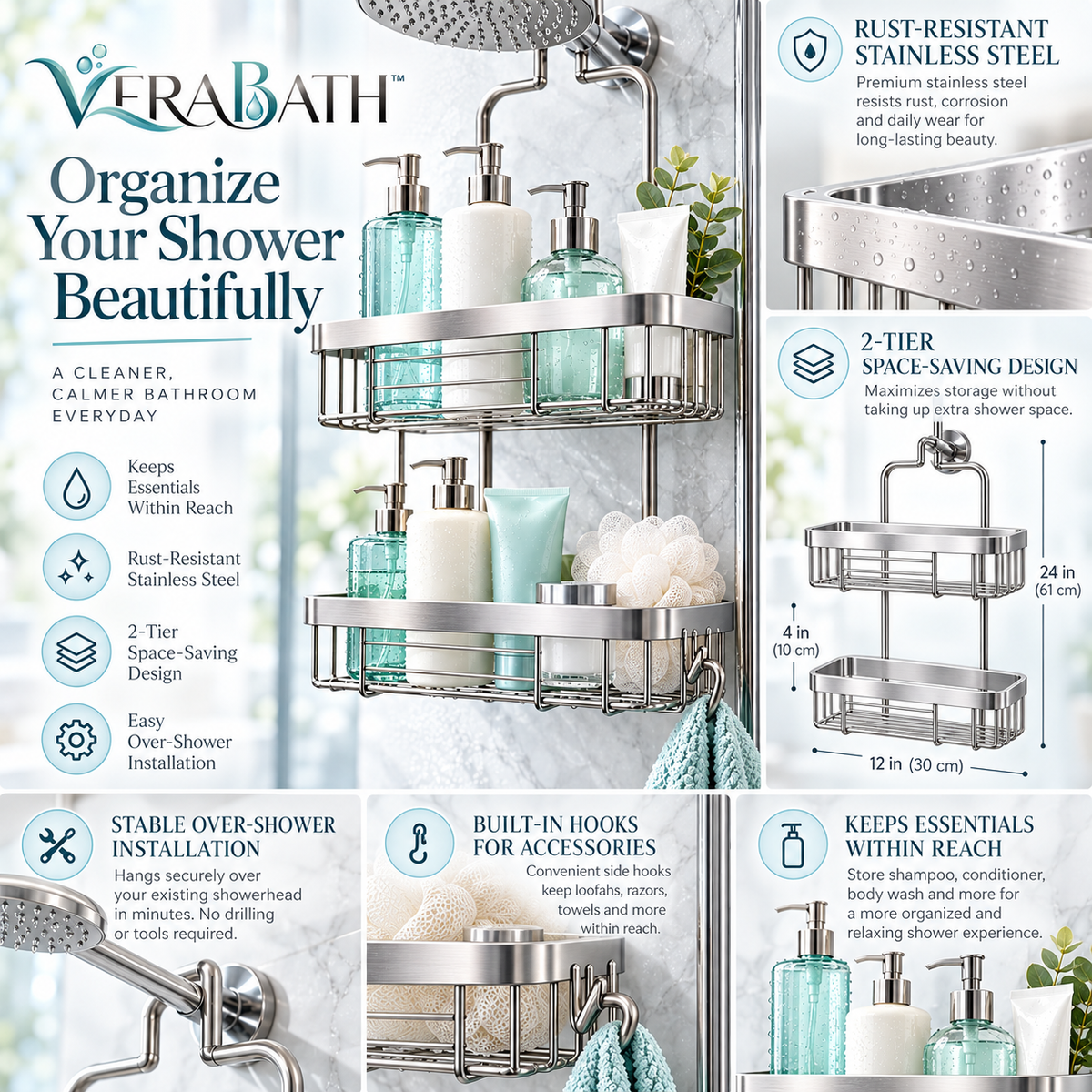verabath™ Shower Caddy Organizer with Modern Bathroom Storage & Space Organization