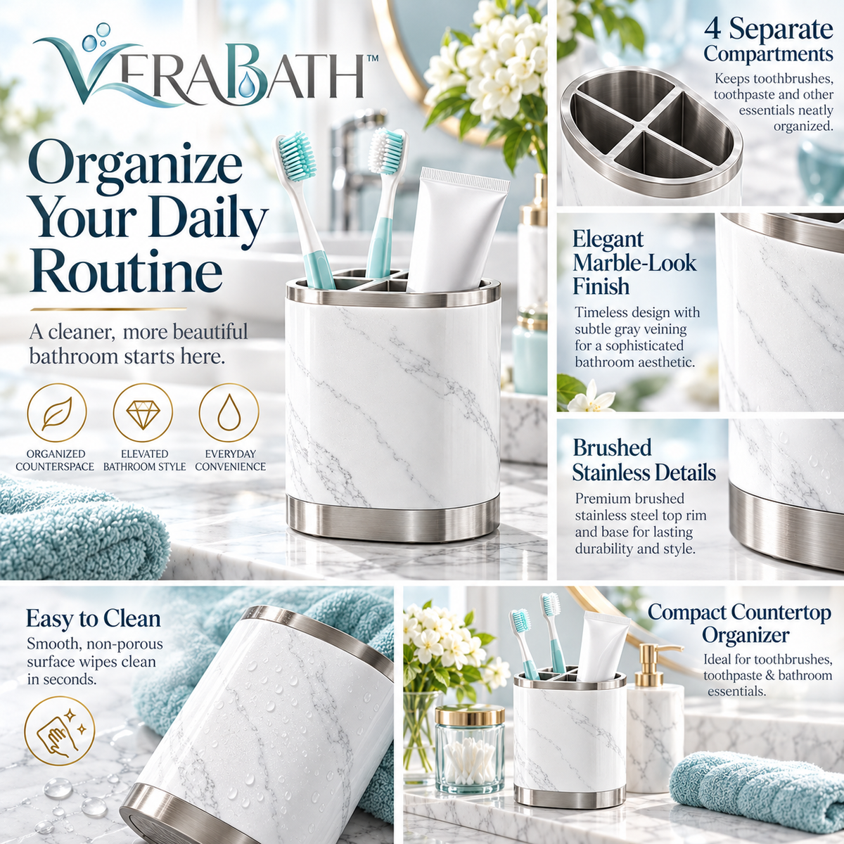 verabath™ Toothbrush Holder with Minimalist Storage & Bathroom Organization