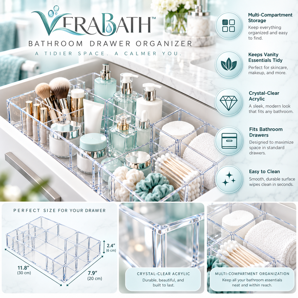verabath™ Bathroom Drawer Organizer with Flexible Storage & Personal Care Organization