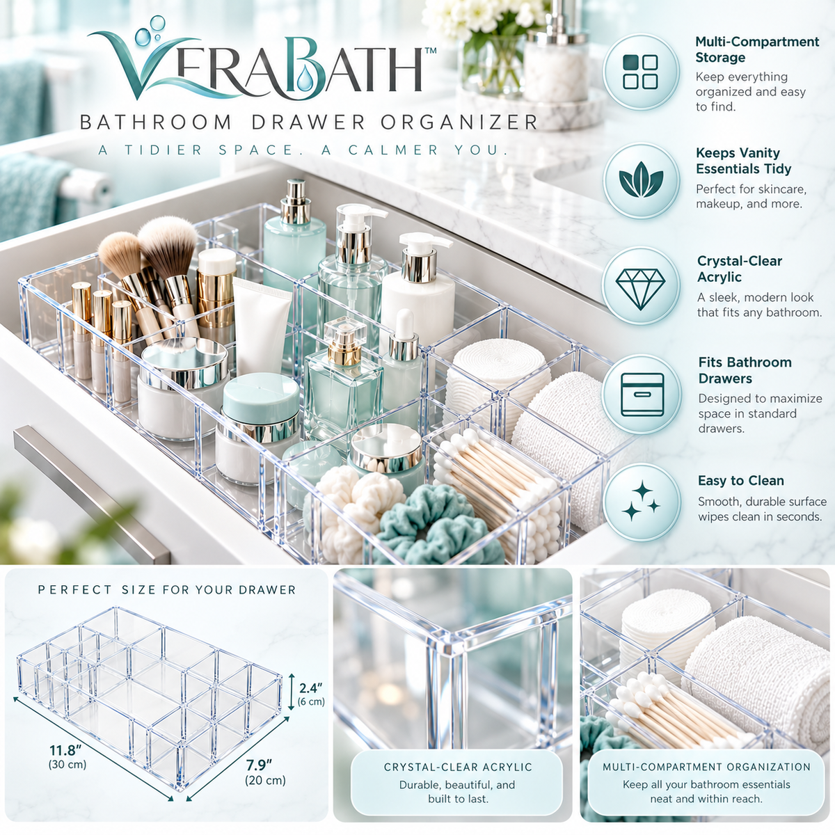 verabath™ Bathroom Drawer Organizer with Flexible Storage & Personal Care Organization