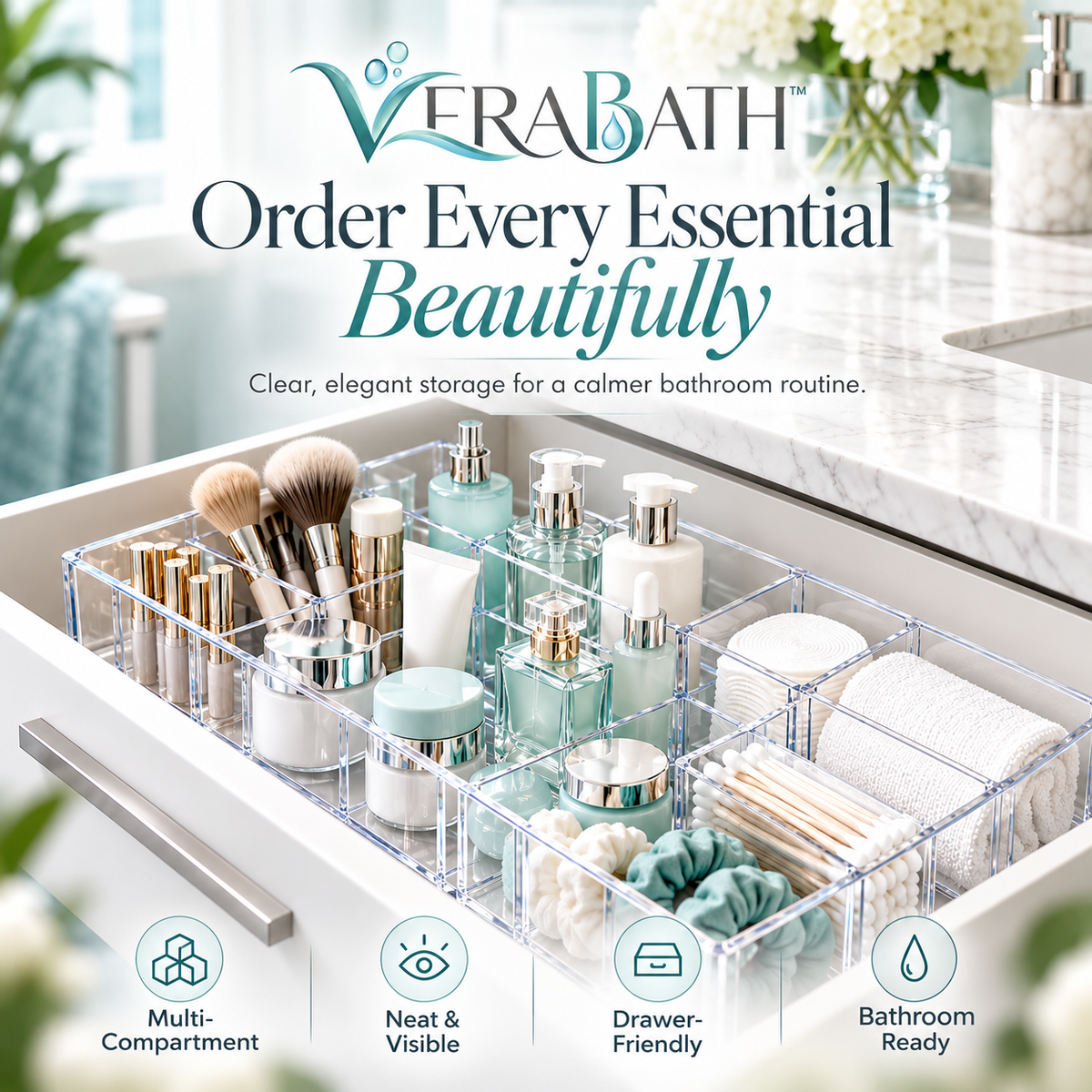 verabath™ Bathroom Drawer Organizer with Flexible Storage & Personal Care Organization
