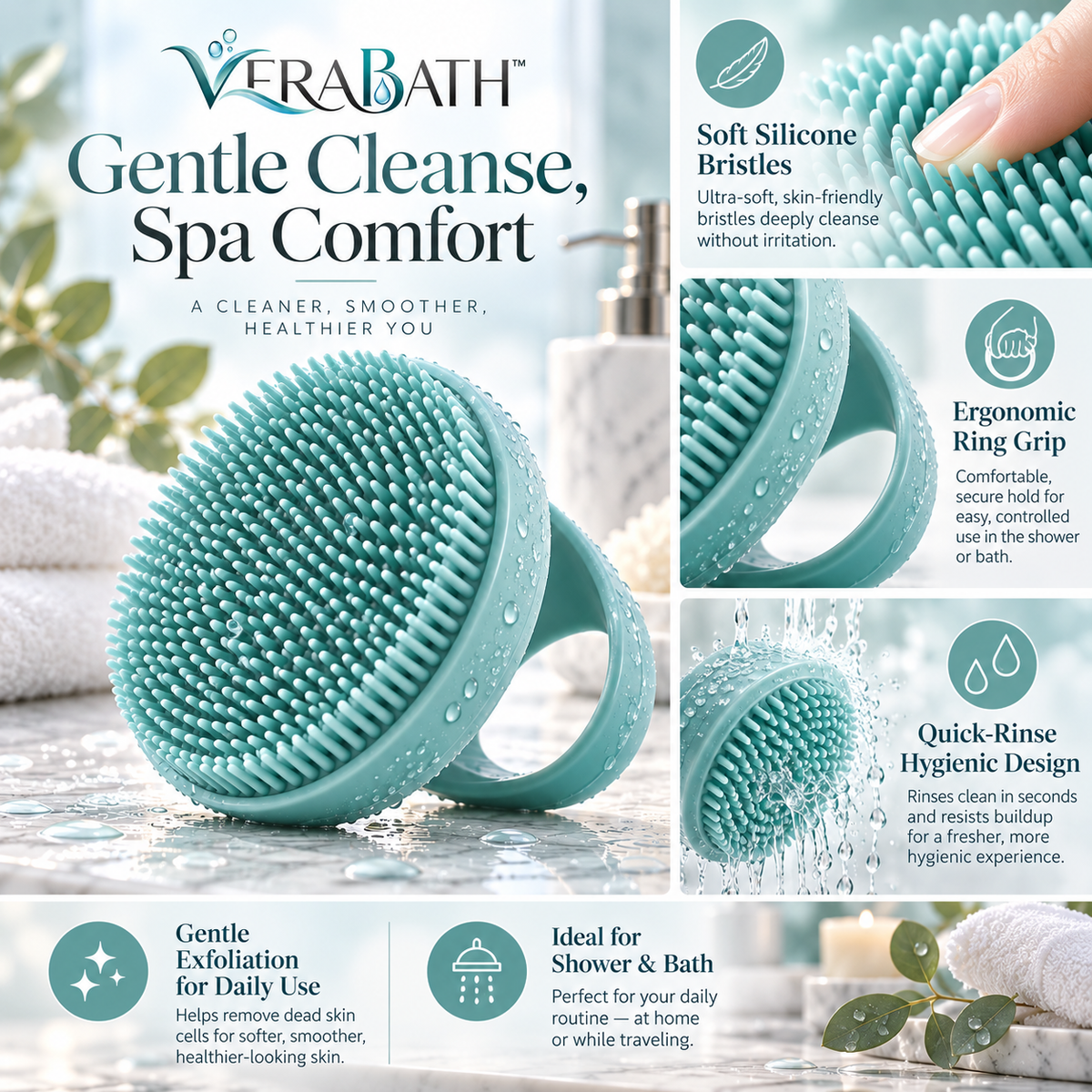 verabath™ Silicone Body Scrubber with Gentle Cleansing & Shower Care Experience