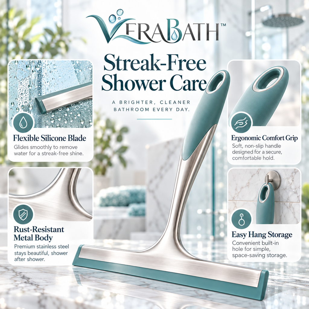 verabath™ Shower Squeegee with Water Removal & Bathroom Cleaning Solution