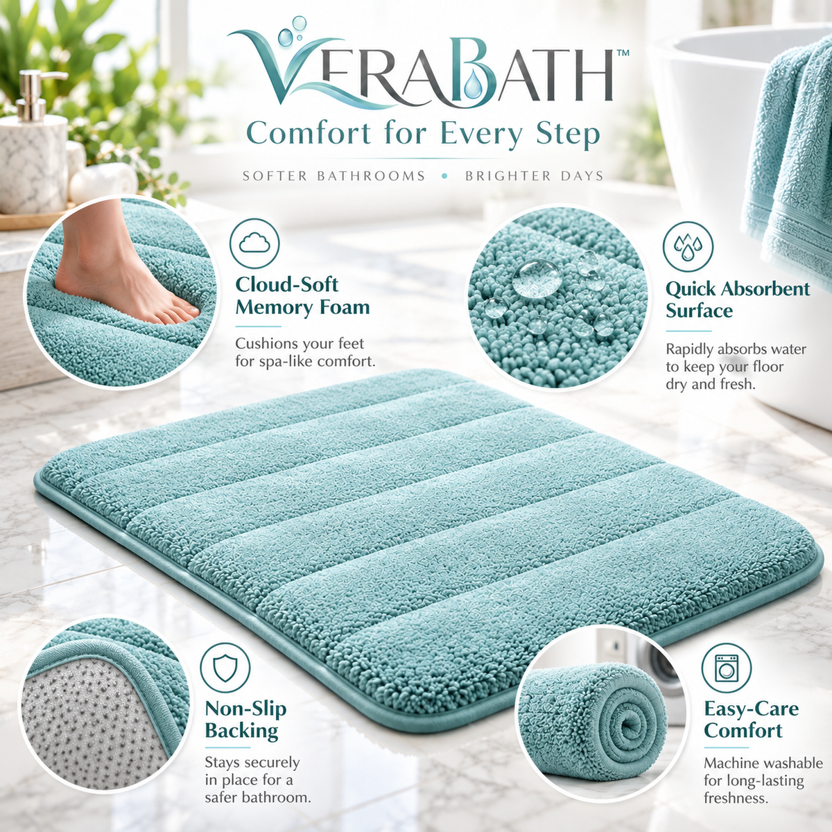 verabath™ Memory Foam Bath Mat with Soft Comfort & Water Absorption