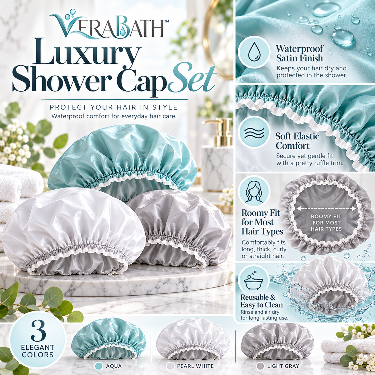 verabath™ Shower Cap Set with Hair Protection & Comfortable Shower Use