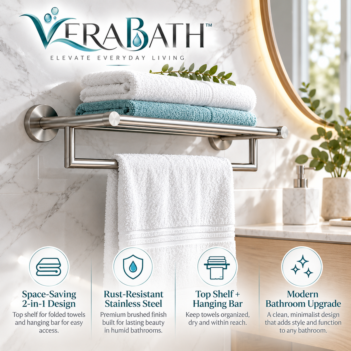verabath™ Towel Holder with Space-Saving Storage & Modern Bathroom Style